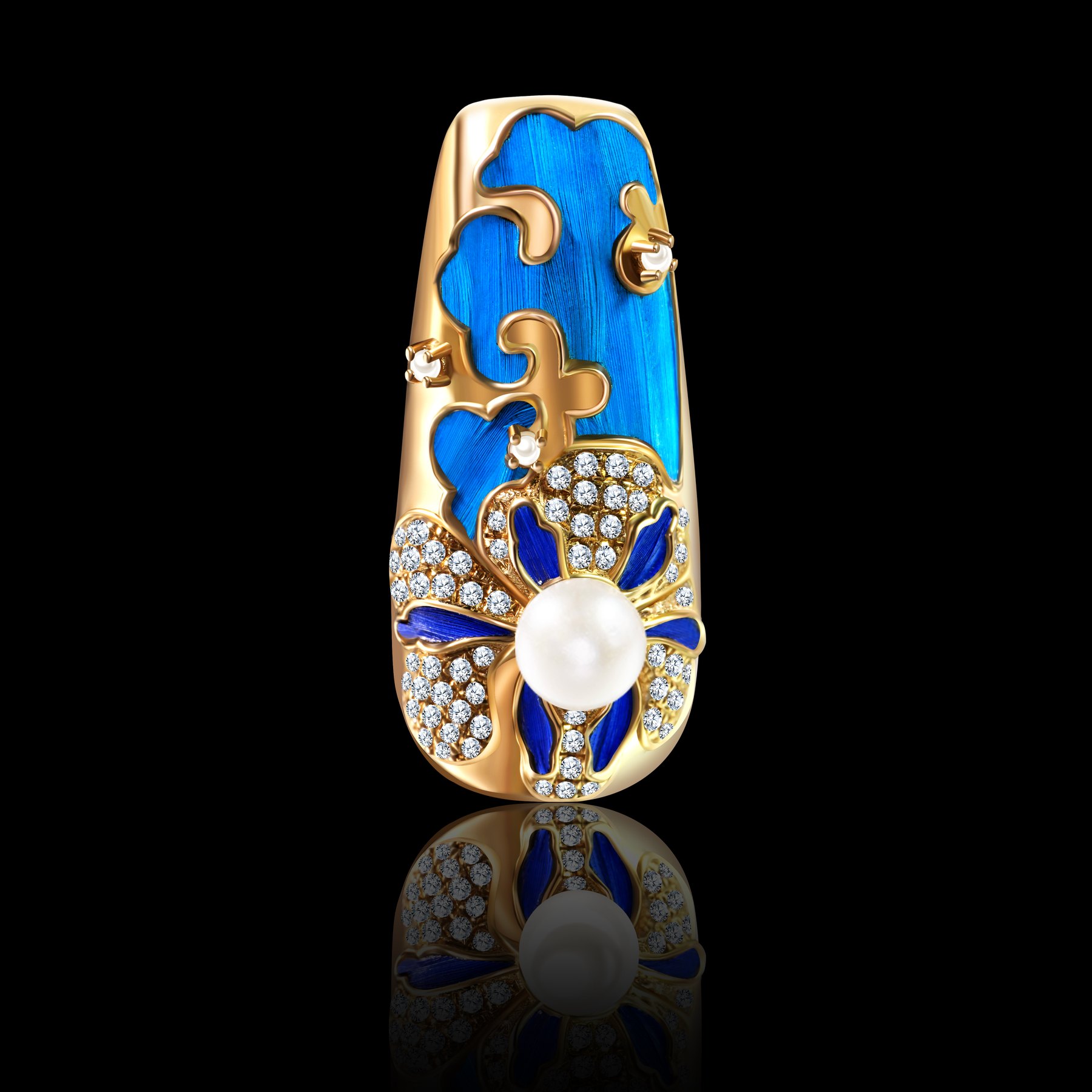 点翠蓝指尖珠宝正面图 / Dian-cui blue fingertip jewellery front view